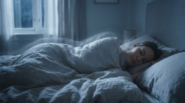 Femme endormie dans un lit sombre, des draps gris. Une lueur éthérée flotte au-dessus, évoquant une sensation ou un rêve.