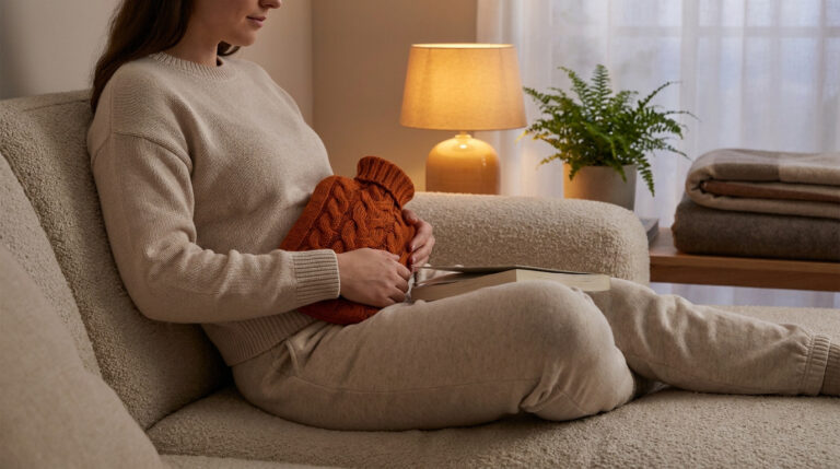 Femme assise sur un canapé, tenant une bouillotte orange tricotée sur son ventre, avec un livre. Ambiance chaleureuse.
