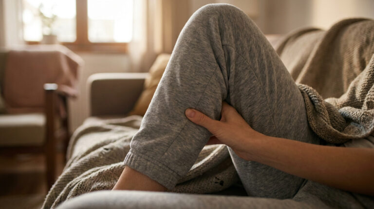 Personne assise sur un canapé, tenant sa jambe avec la main, suggérant douleur ou inconfort, potentiellement lié à l'herpès.