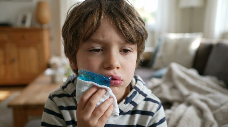 Un enfant avec une lèvre gonflée applique une compresse froide pour soulager la douleur après une chute. Il a l'air un peu triste.