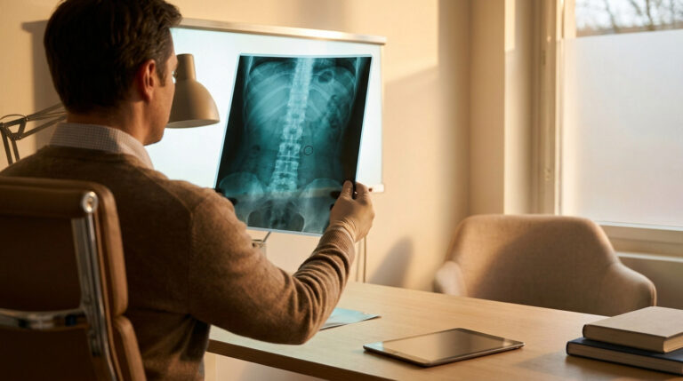 Un homme, vu de dos, tient une radiographie du dos et de la colonne vertébrale devant une visionneuse lumineuse dans un bureau.