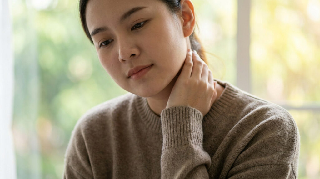 Jeune femme asiatique avec une expression pensive, la main sur le cou, potentiellement en train de vérifier des ganglions.