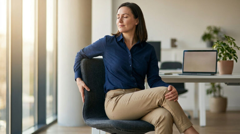 Une femme s'étire doucement sur une chaise de bureau moderne, les yeux fermés, dans un bureau lumineux.