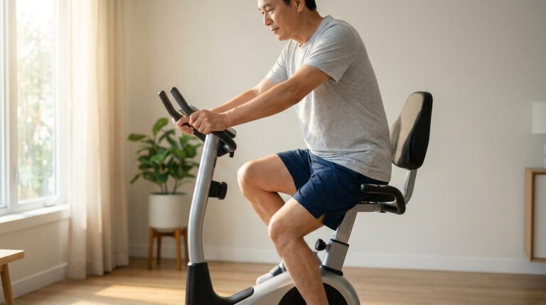 Homme d'âge mûr sur un vélo d'appartement semi-allongé chez lui, faisant de l'exercice doux pour l'arthrose.
