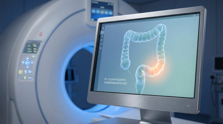 Moniteur avec rendu 3D du côlon montrant un épaississement, devant un scanner médical. Illustration d'un diagnostic.