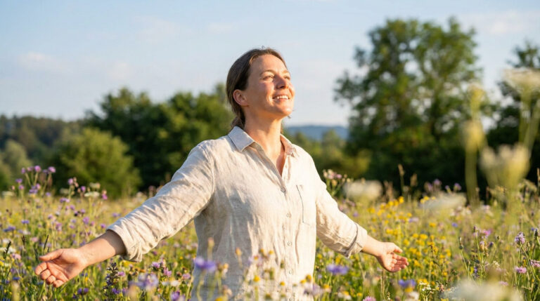 Femme souriante, les bras ouverts, profitant du soleil dans un champ de fleurs multicolores.