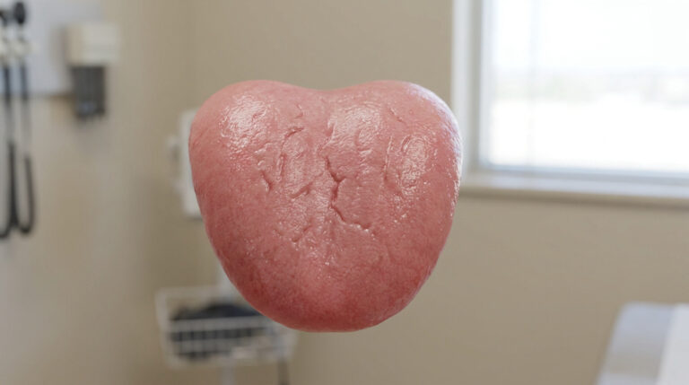 Gros plan sur une langue humaine rose et humide présentant de profonds sillons, dans un environnement médical flou.