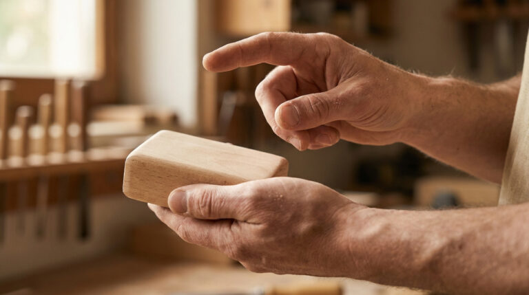 Gros plan sur des mains d'homme tenant un bloc de bois lisse, l'index levé comme pour une réflexion sur l'action à venir.