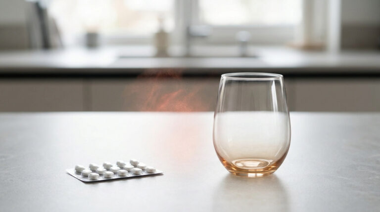 Un blister de pilules blanches et un verre vide sur un comptoir. Une brume rouge symbolise l'interaction potentiellement risquée.