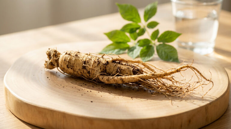 Racine de ginseng frais avec de la terre, posée sur une planche en bois, feuilles et verre d'eau en arrière-plan.