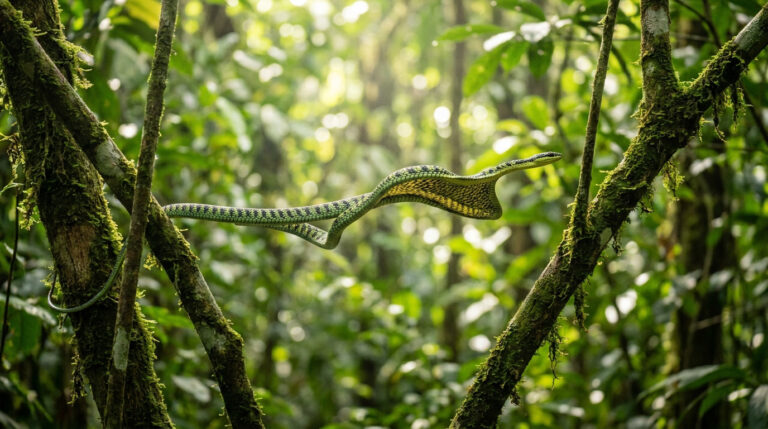 Serpent volant paradis vert et noir glissant entre des arbres moussus dans une jungle luxuriante et ensoleillée.