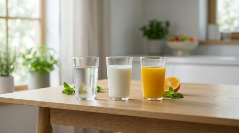 Trois verres (eau, lait, jus d'orange) sur une table en bois. Fenêtre lumineuse et plantes en arrière-plan.