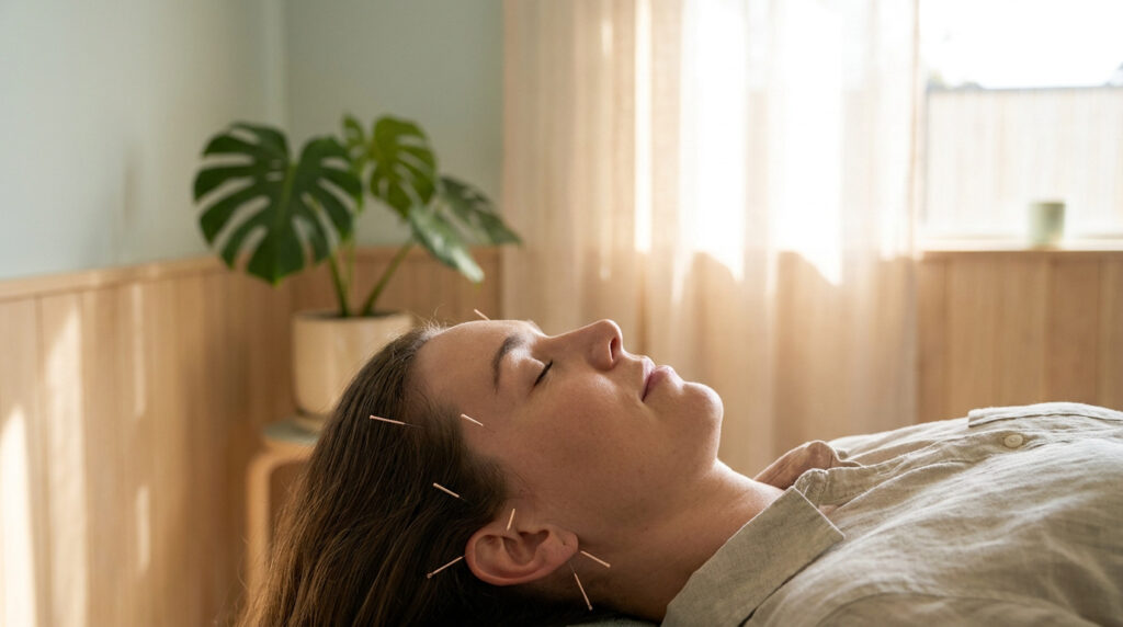 Une femme allongée reçoit une séance d'acupuncture près de l'oreille pour soulager ses acouphènes dans un cadre apaisant.