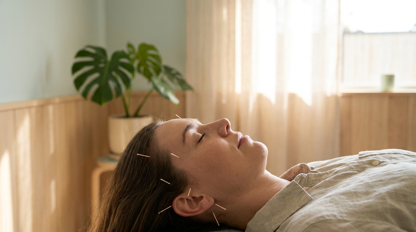 Une femme allongée reçoit une séance d'acupuncture près de l'oreille pour soulager ses acouphènes dans un cadre apaisant.