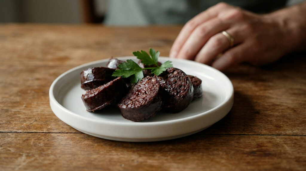 Assiette de tranches de boudin noir sur une table en bois, avec une main à proximité.