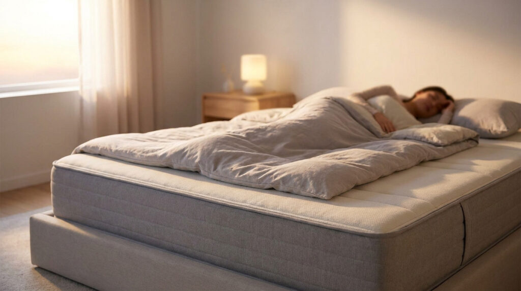 Une personne dort paisiblement sur un matelas confortable dans une chambre lumineuse aux tons neutres.