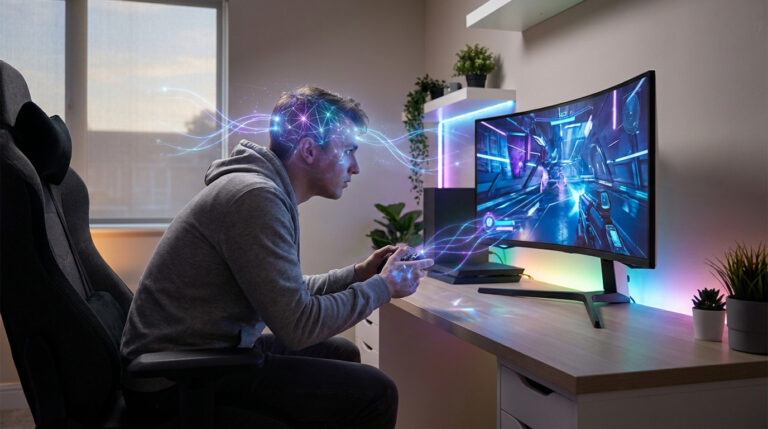 Un joueur est assis devant un écran incurvé, avec des effets lumineux numériques reliant ses mains et sa tête.