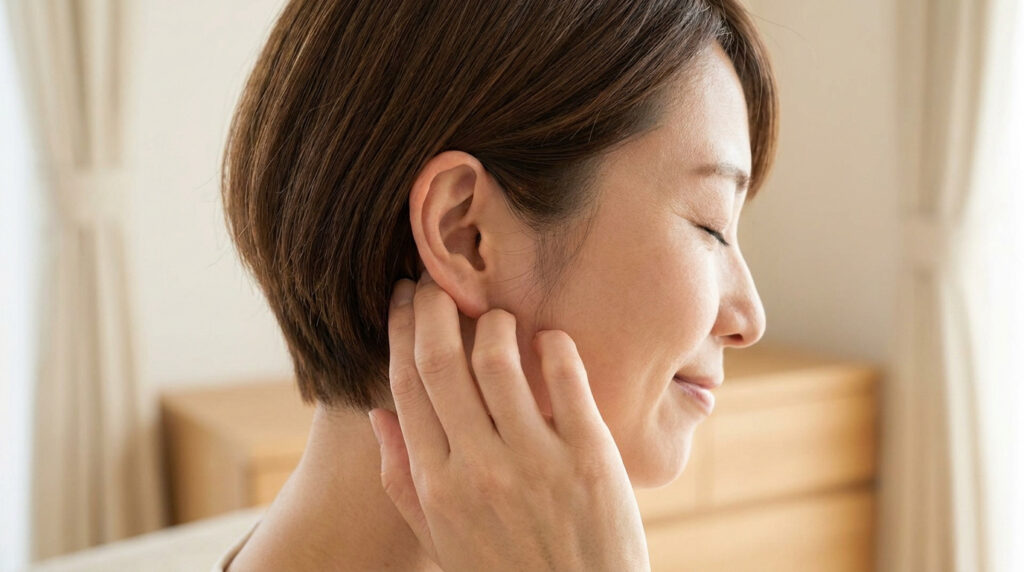 Une femme masse délicatement le contour de son oreille pour soulager une sensation d'oreille bouchée.