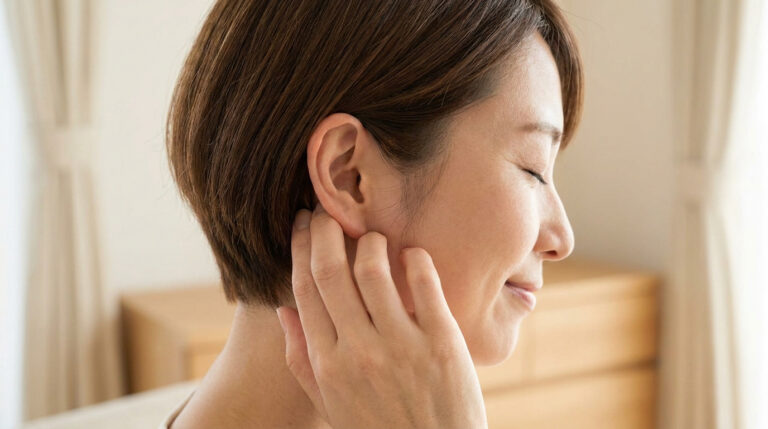 Une femme masse délicatement le contour de son oreille pour soulager une sensation d'oreille bouchée.