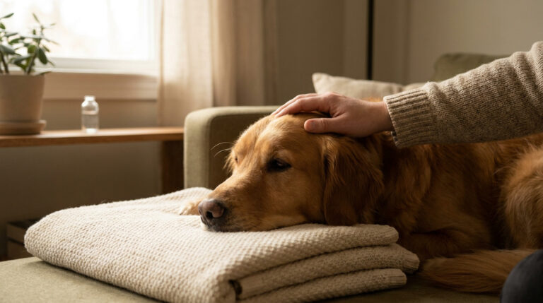 Une main caresse la tête d'un chien golden retriever couché sur un canapé, avec une petite fiole en arrière-plan.