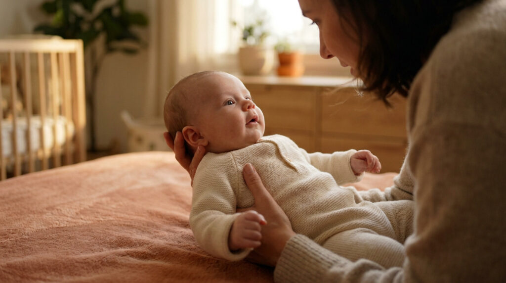 Une mère regarde tendrement son bébé de trois mois allongé sur un lit dans une chambre chaleureuse.