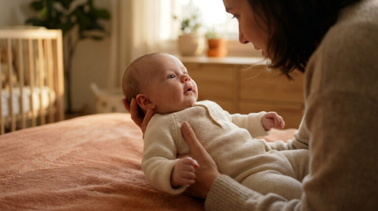 Une mère regarde tendrement son bébé de trois mois allongé sur un lit dans une chambre chaleureuse.