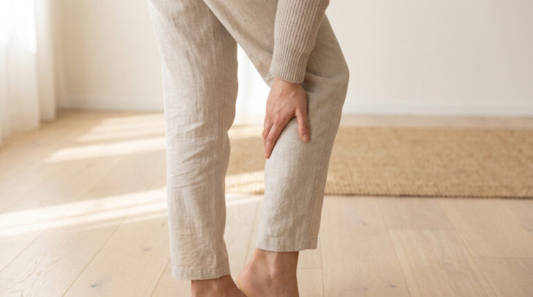 Une personne vêtue de beige touche sa jambe, illustrant une sensation de lourdeur ou de douleur localisée.