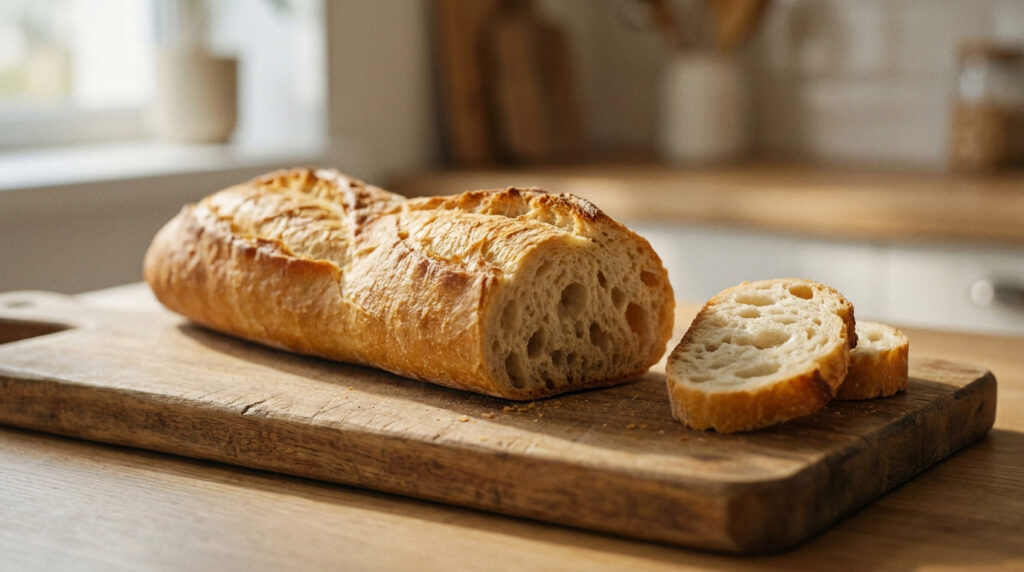 Une baguette fraîche coupée en tranches sur une planche à découper en bois dans une cuisine lumineuse.