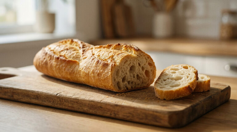 Une baguette fraîche coupée en tranches sur une planche à découper en bois dans une cuisine lumineuse.