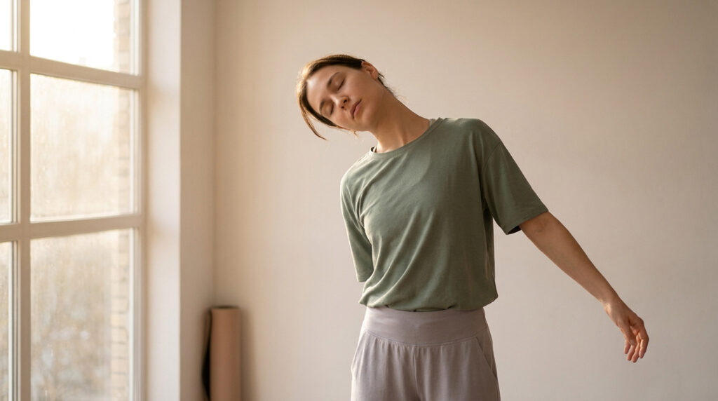 Femme en t-shirt vert faisant un étirement latéral du cou dans une pièce lumineuse.