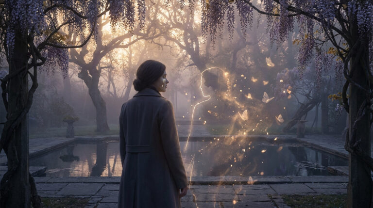 Une femme en manteau pleure devant la silhouette lumineuse d'un défunt entourée de papillons dans un jardin mystique.