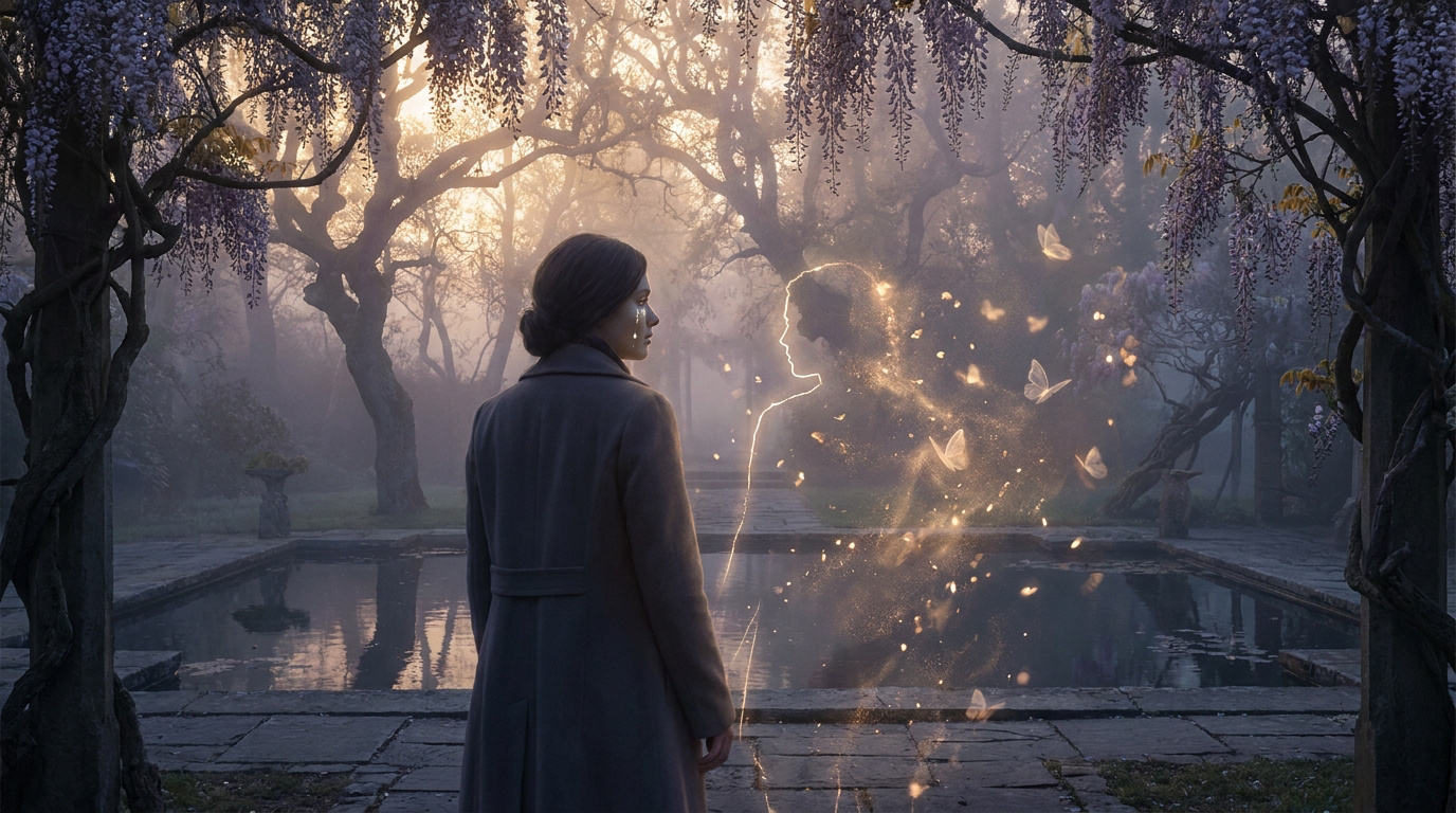 Une femme en manteau pleure devant la silhouette lumineuse d'un défunt entourée de papillons dans un jardin mystique.