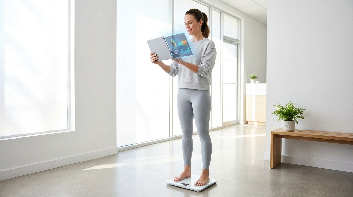Une femme debout sur une balance intelligente visualise ses données de santé sur une tablette numérique projetant un graphique.