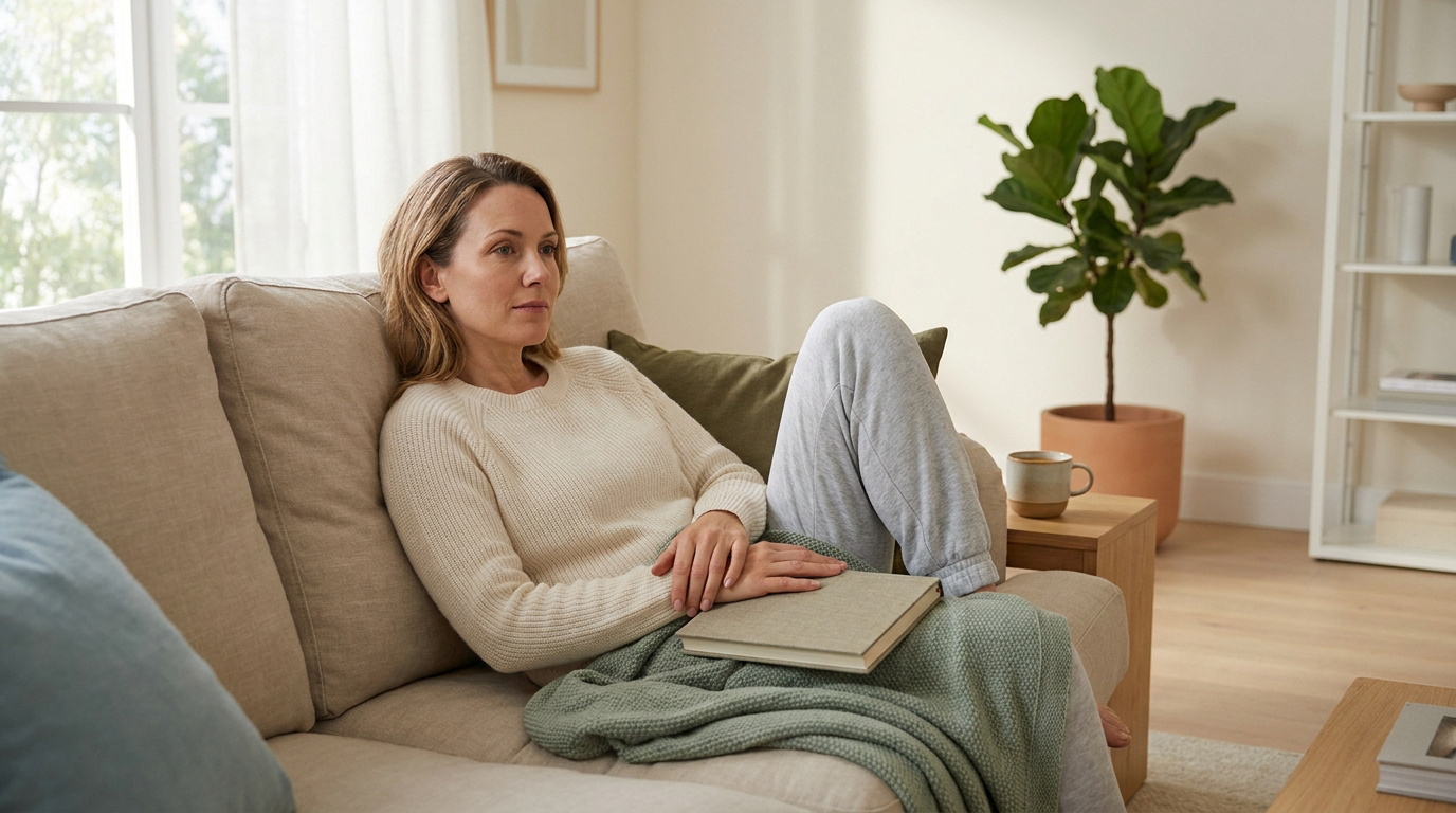 Femme assise sur un canapé, enveloppée dans un plaid avec un livre, en période de convalescence au calme.