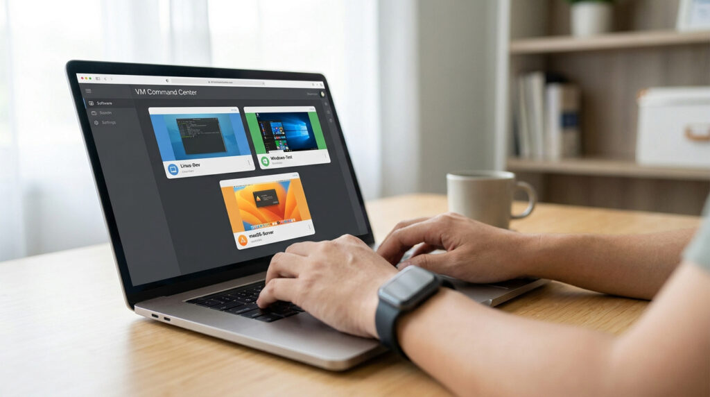 Personne utilisant un ordinateur portable affichant une interface de gestion de machines virtuelles avec Linux, Windows et macOS.