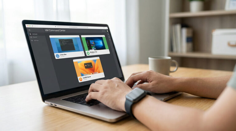 Personne utilisant un ordinateur portable affichant une interface de gestion de machines virtuelles avec Linux, Windows et macOS.