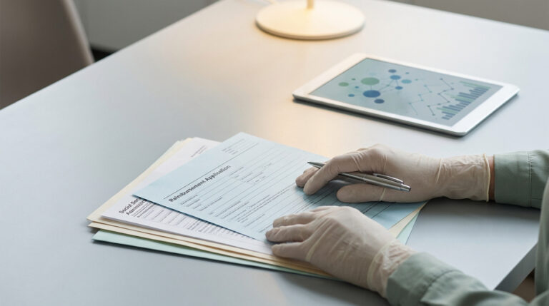 Mains gantées remplissant un formulaire de demande de remboursement médical sur un bureau de consultation.