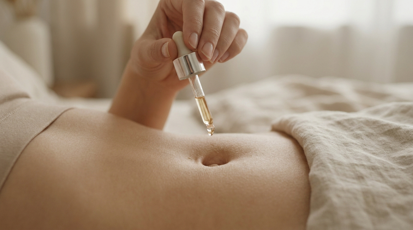 Une femme utilisant une pipette pour appliquer une goutte d'huile dans son nombril.
