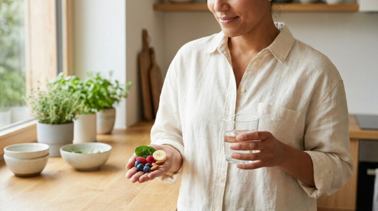 Une femme tient des fruits et des noix dans sa main avec un verre d'eau dans une cuisine lumineuse.