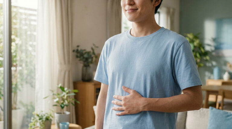 Un jeune homme souriant en t-shirt bleu pose sa main sur son abdomen dans un salon lumineux.
