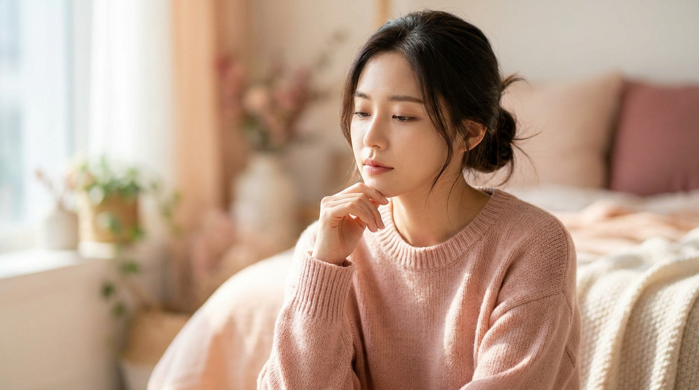 Une jeune femme pensive assise dans une chambre lumineuse.