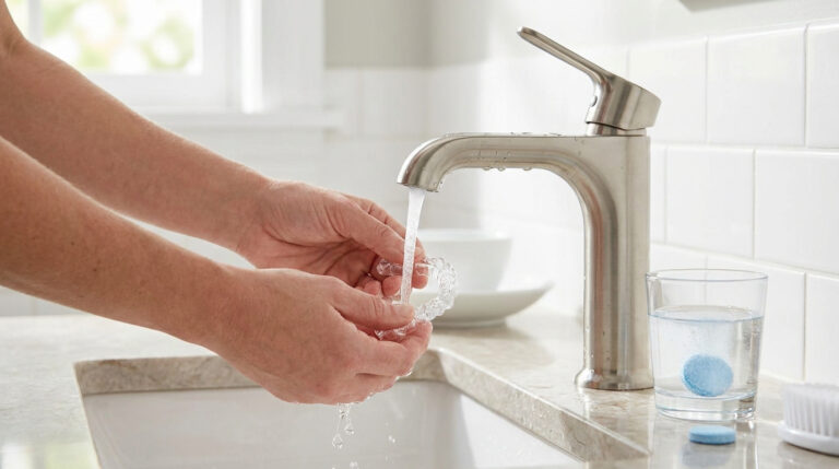 Une personne nettoie une gouttière dentaire transparente sous l'eau courante d'un robinet de salle de bain.