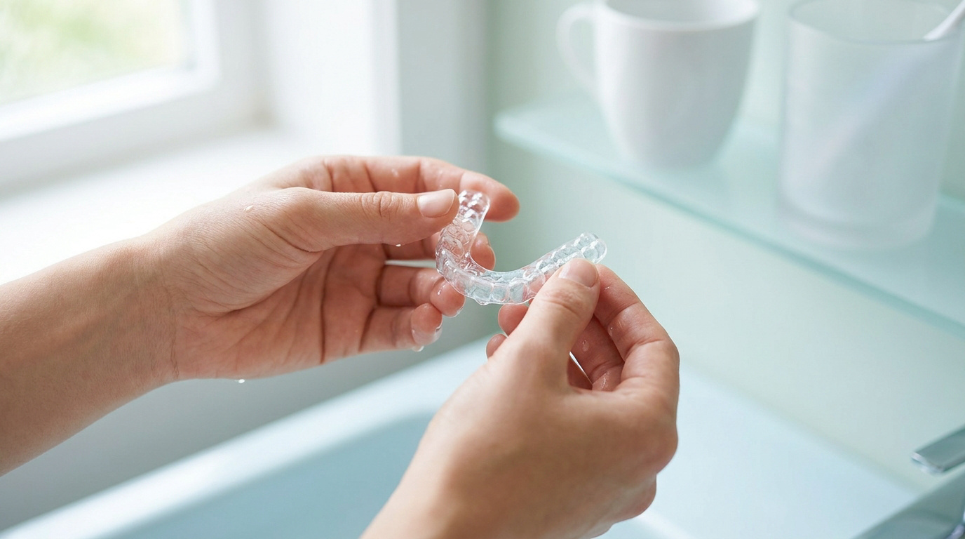 Gros plan sur des mains nettoyant une gouttière dentaire transparente au-dessus d'un lavabo.