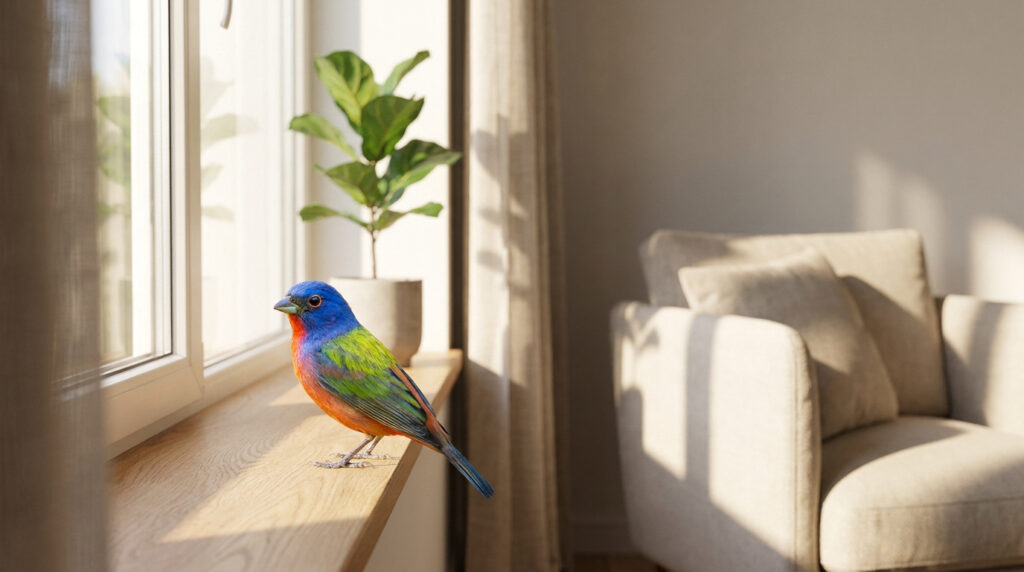 Un petit oiseau multicolore avec une tête bleue et un corps orange posé sur un rebord de fenêtre en bois lumineux.