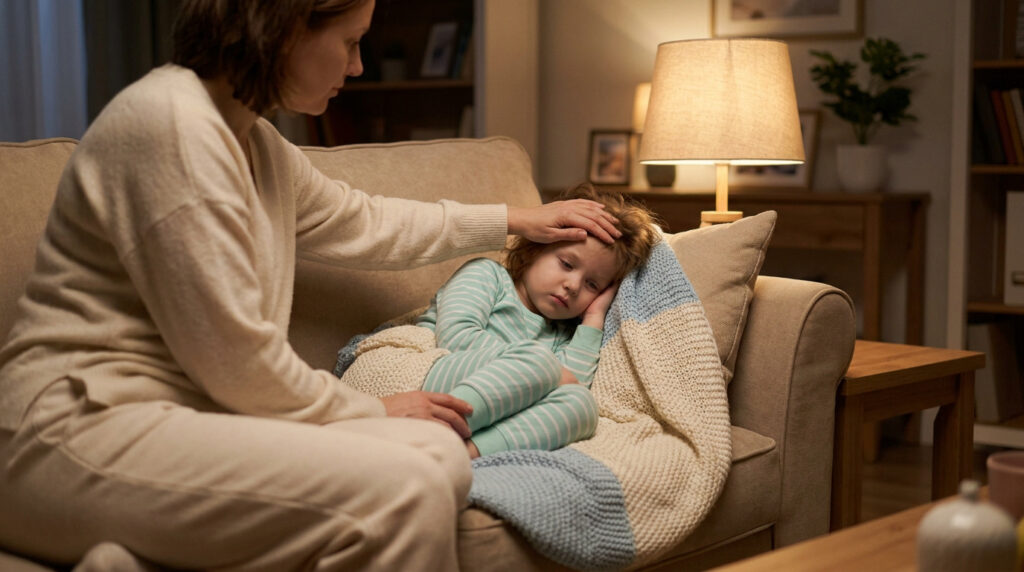 Une mère rassure son enfant malade blotti sous une couverture sur un canapé, dans une ambiance feutrée et bienveillante.