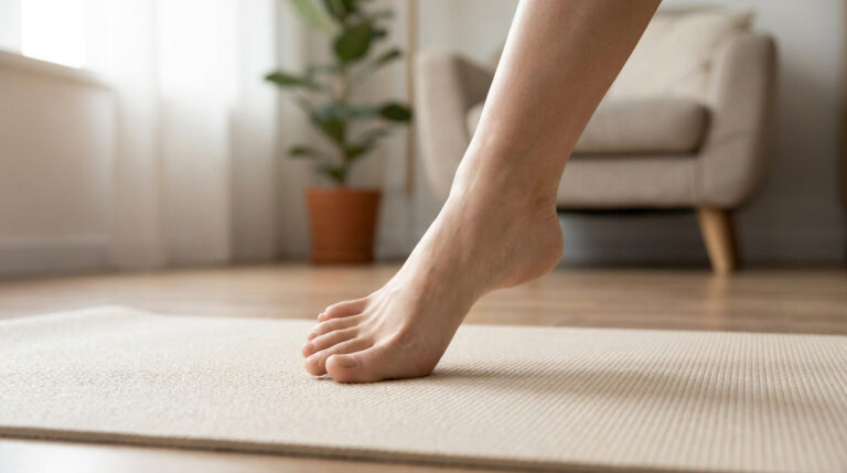 Pied nu effectuant un exercice de renforcement sur un tapis de yoga dans un salon lumineux.