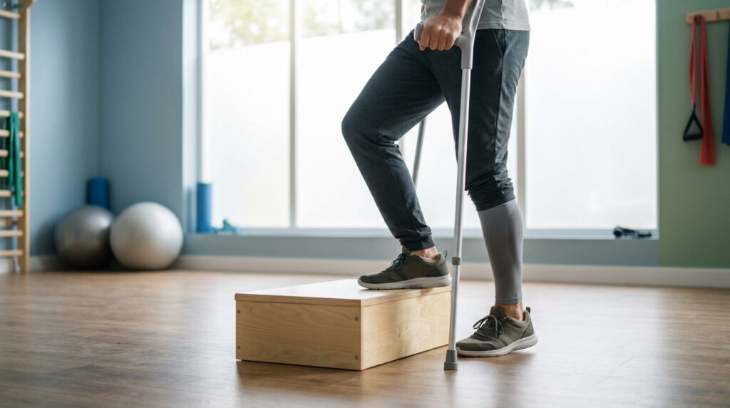 Un patient en rééducation utilisant une béquille et un bloc en bois pour muscler sa jambe blessée dans un cabinet de kiné.