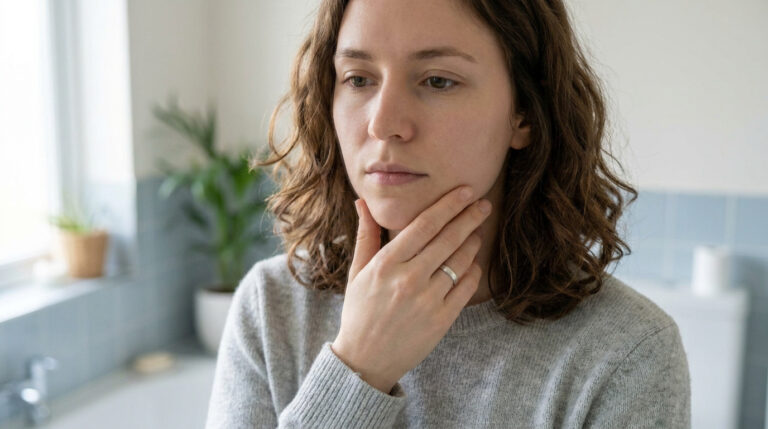 Une femme préoccupée se tient la joue, souffrant probablement d'un problème dentaire ou d'une infection de la gencive.