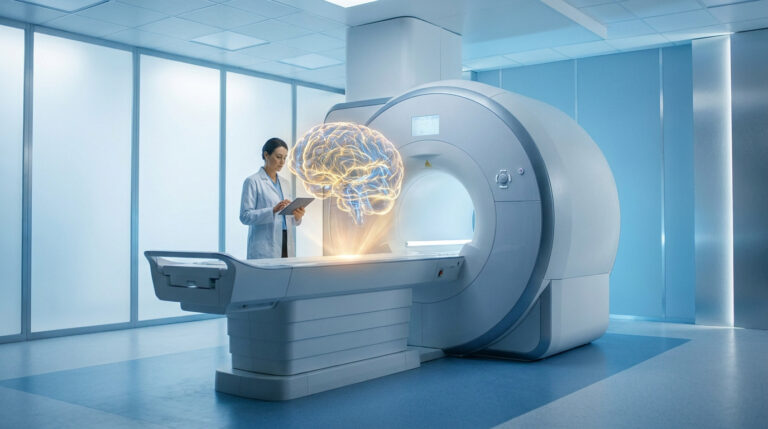 Médecin utilisant une tablette à côté d'un appareil d'IRM avec une projection holographique d'un cerveau en 3D.