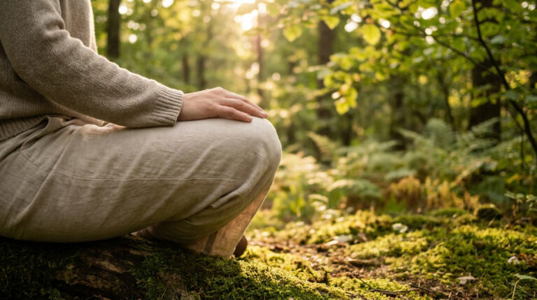 Une personne assise dans la forêt, posant la main sur son genou dans un moment de calme et de bien-être.